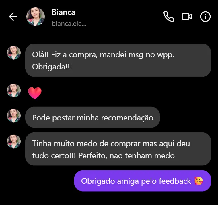 Bianca recomendando a compra