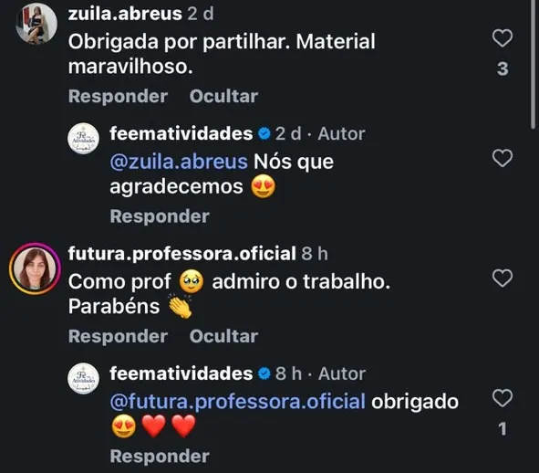 Comentários de Zuila e de uma futura professora no Instagram